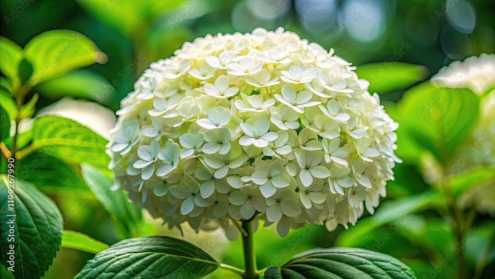 A pristine white Hydrangea arborescens macro photograph; its smooth petals detailed against a soft, natural garden background. A pristine white Hydrangea arborescens macro photograph; its smooth petals detailed against a soft, natural garden background.