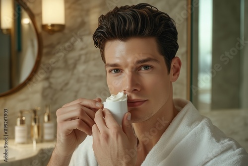 Man enjoys skincare routine in luxurious bathroom with soft lighting and elegant decor photo