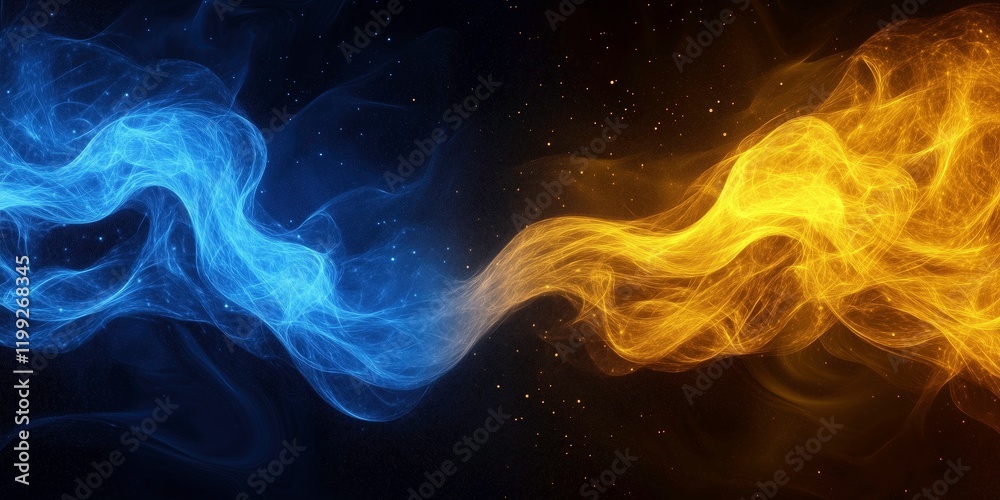 Fototapeta premium Abstract Blue and Gold Smoke: An ethereal dance of blue and gold smoke swirls in a mesmerizing abstract formation, the vibrant colors contrasting against a dark background.