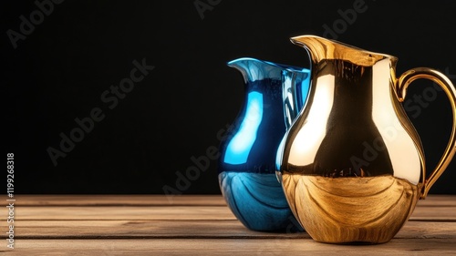 Shiny metallic pitchers on wooden surface against dark background
