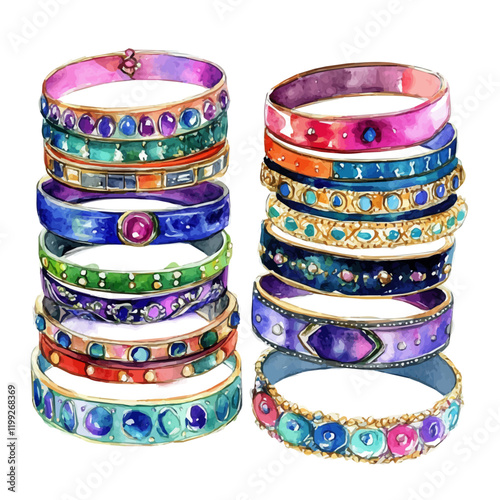 A watercolor vector painting of bangles bracelets sets, adding more charm to jewelry with their variety of colors, isolated on a white background.

