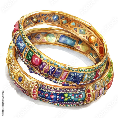 A watercolor vector painting of bangles bracelets, showcasing the colorful and captivating beauty of India, isolated on a white background.

