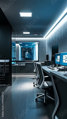 Modern office space with sleek design, featuring computers and ergonomic chairs.
