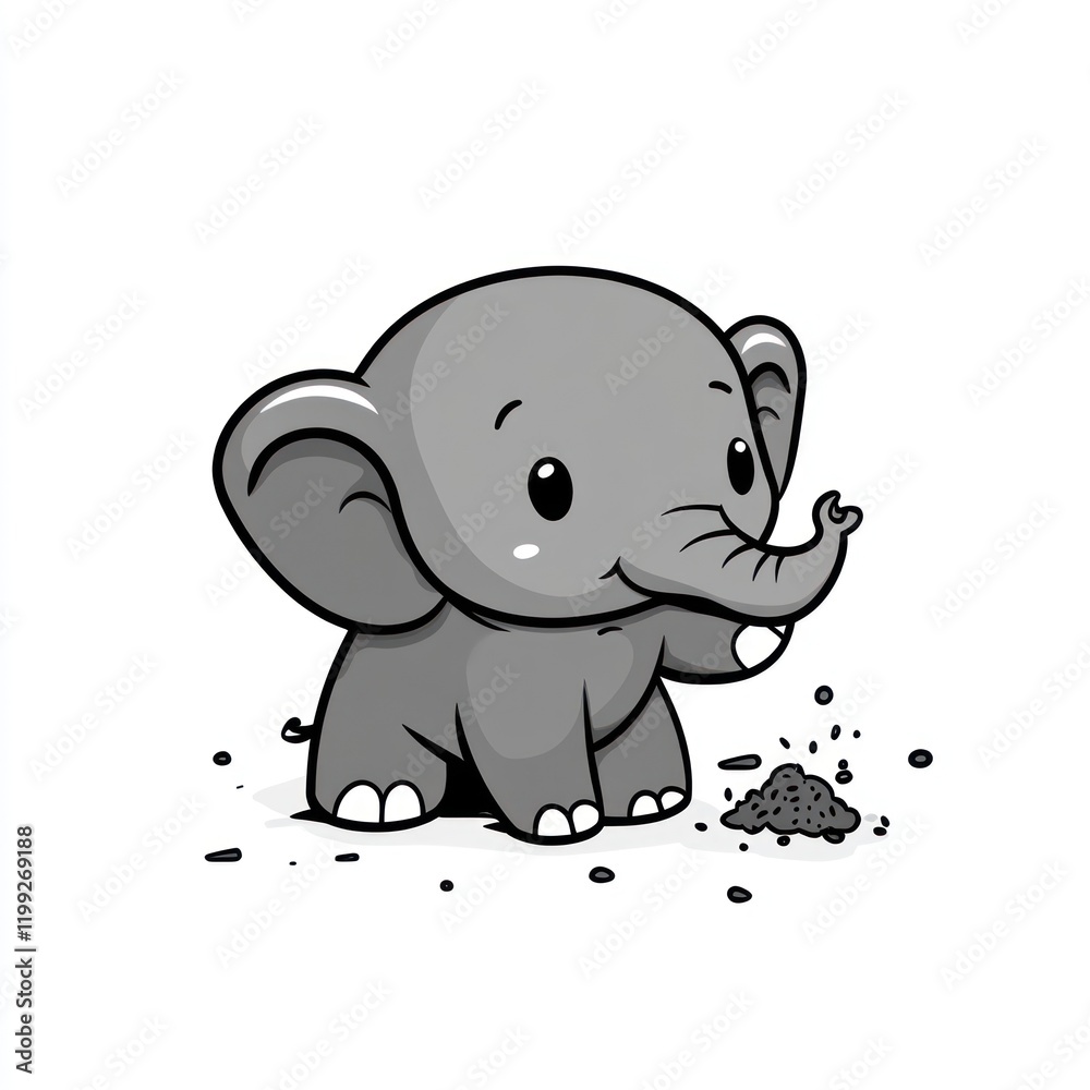 A small gray elephant playing with a pile of dirt in a white background, for a children's illustration A small gray elephant playing with a pile of dirt in a white background, for a children's illustration