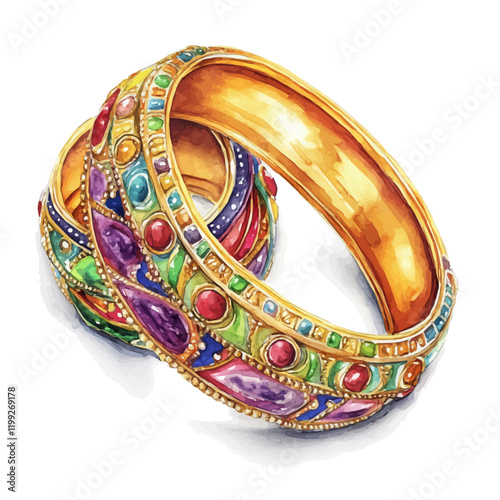 A watercolor vector painting of bangles bracelets design, symbols of Indian culture and artistry, isolated on a white background.

