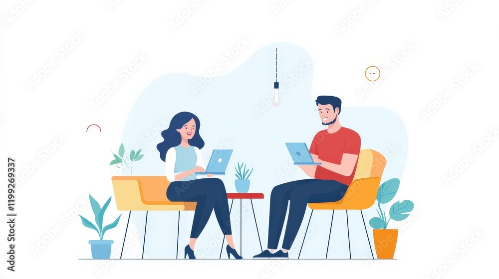 Two People Working Together in Modern Office Space with Laptops and Plants in Bright, Minimalist Setting Two People Working Together in Modern Office Space with Laptops and Plants in Bright, Minimalist Setting