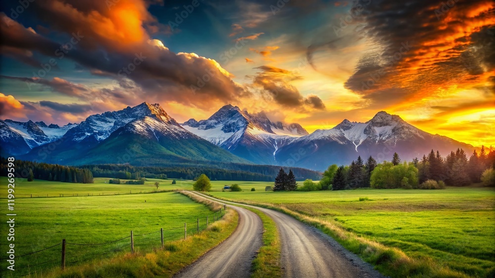 Fototapeta premium Stunning Sunset Over Snowy Mountains, Country Road, Meadow