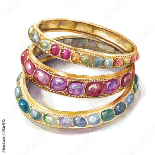 A watercolor vector painting of bangles bracelets, an unparalleled adornment for jewelry sets, isolated on a white background.

