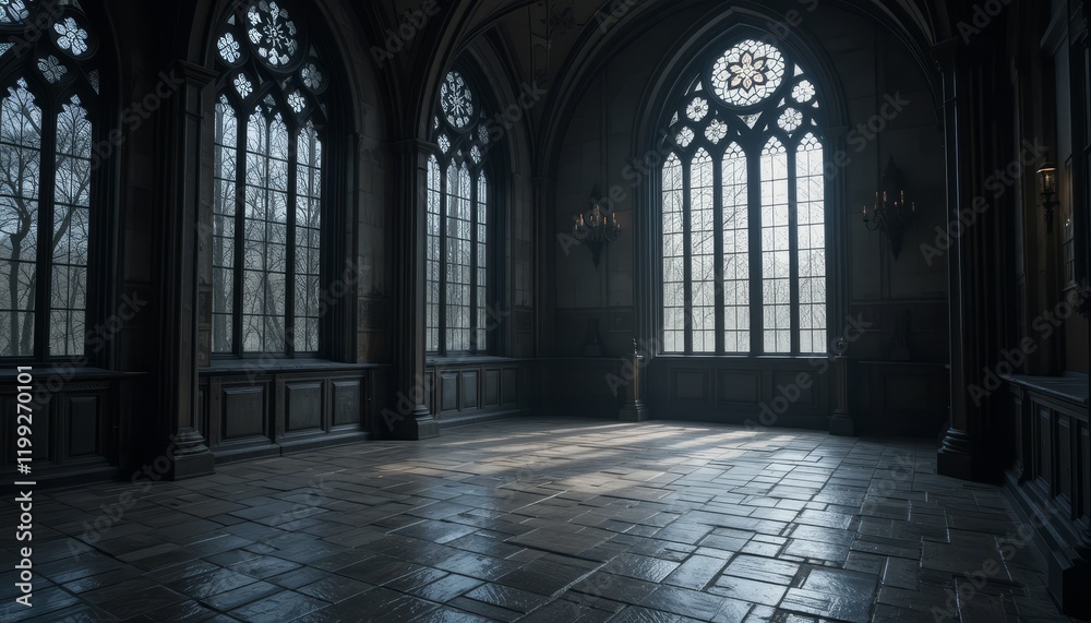 Fototapeta premium Atmospheric Gothic Cathedral Interior with Tall Arched Windows