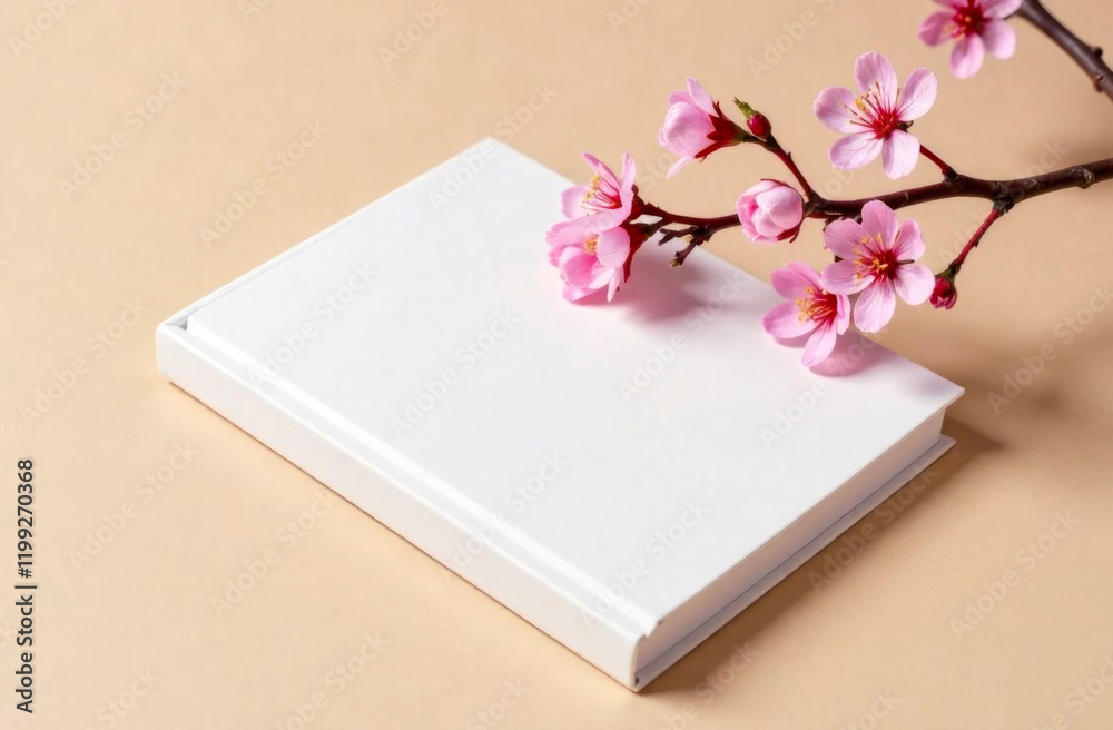 Fototapeta premium A simple white notebook lies on a beige surface beside delicate pink cherry blossoms, creating a tranquil atmosphere