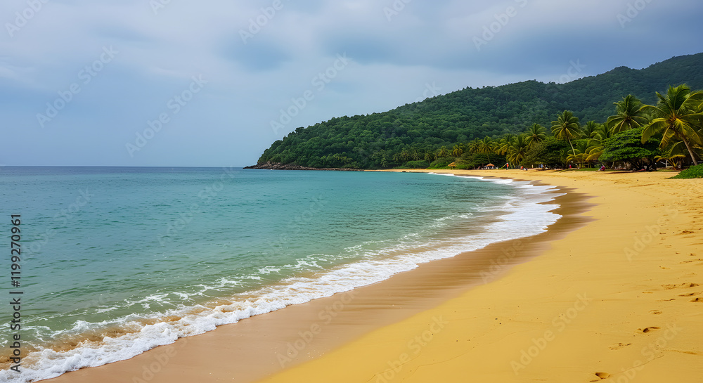 Serene shoreline. A tropical island setting featuring a blend of sea, sand, and sky. Gentle waves lapping against an unoccupied beach. Serene shoreline. A tropical island setting featuring a blend of sea, sand, and sky. Gentle waves lapping against an unoccupied beach.