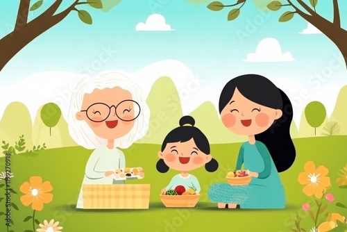 Joyful Family Picnic in a Vibrant Park with Grandmother, Mother, and Child Enjoying Fresh Food and Sunshine photo