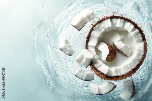 Fresh coconut halves surrounded by splashes of water create refr photo