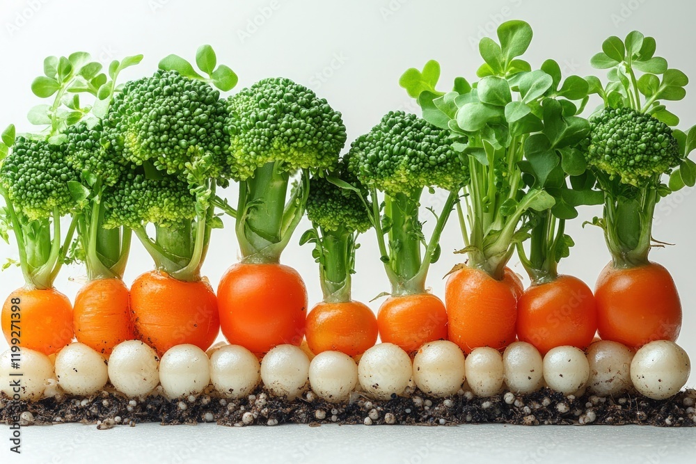 Carrots and broccoli sprouting from soil. Carrots and broccoli sprouting from soil.