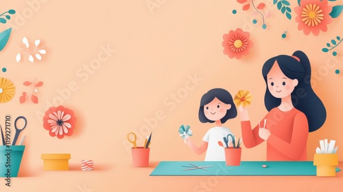 Creative Mother and Daughter Crafting Colorful Paper Flowers in a Bright and Joyful Setting