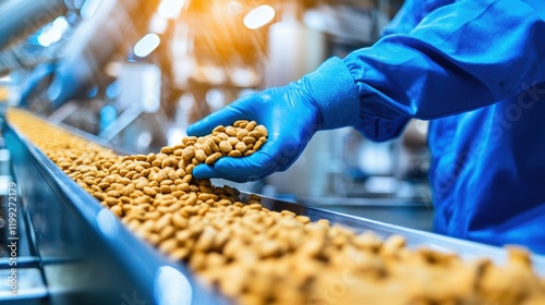 A worker in blue gloves sorts peanuts on a conveyor belt in a food processing facility, showcasing the production and packaging process.