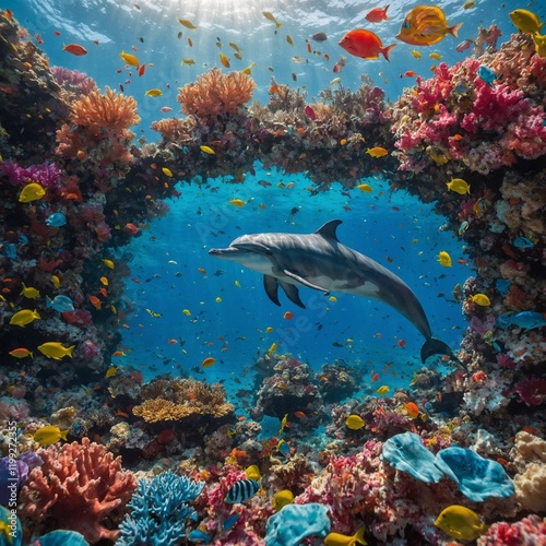 A dolphin in a fantastical sea of candy-colored coral reefs.
