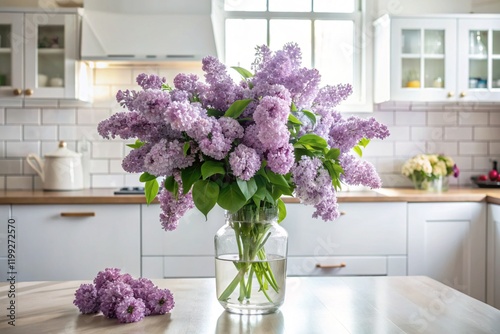 A beautiful bouquet of lilacs on the table. In the background is the interior of a modern white Scandinavian-style kitchen. The concept of home comfort.