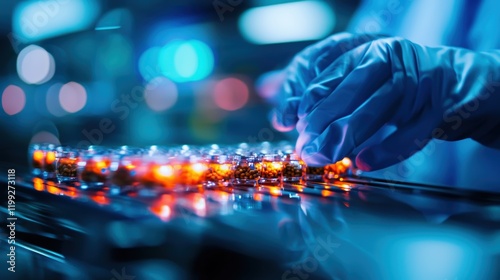 A close-up of a gloved hand manipulating LED lights on a surface, showcasing a high-tech environment with vibrant colors and intricate details.