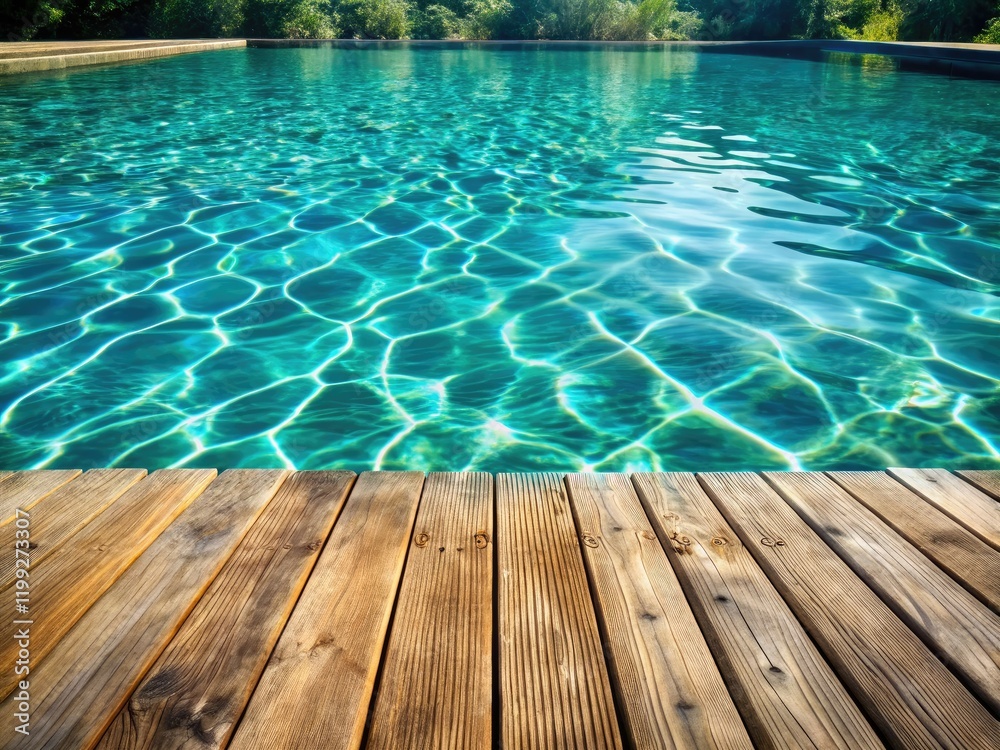 Obraz premium Double exposure: pristine pool, blank wooden deck canvas, idyllic escape.