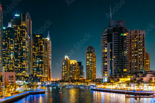 Panorama of Dubai Marina at sunset