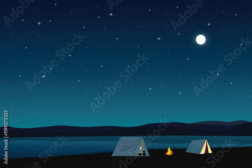 Serene Night Camping Scene with Starry Sky, Peaceful Outdoor Adventure Under the Stars Illustration, Silhouette Tent With Full Moon And Star