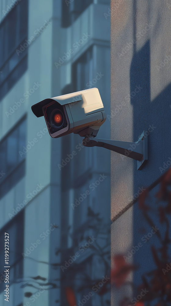 Modern security camera mounted on a wall, actively monitoring a city street, ensuring safety and surveillance in an urban environment Modern security camera mounted on a wall, actively monitoring a city street, ensuring safety and surveillance in an urban environment