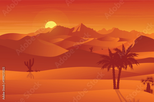 Minimalist desert dunes at dusk, Silhouette landscape of desert twilight at sunset, cactus and date palm illustration