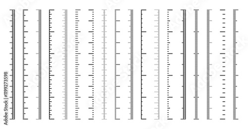 Vertical measurement scales with divisions. Realistic scale for measuring length or height in centimeters, millimeters or inches. Ruler, tape measure marks, size indicators. Vector illustration