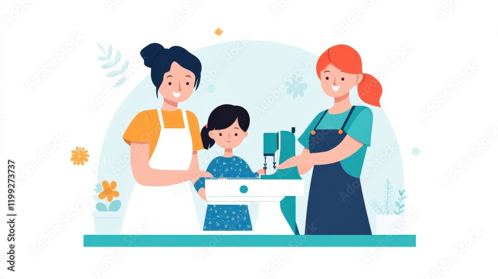 Joyful Family Crafting Together in a Bright and Cheerful Environment with Sewing Machine and Creative Supplies Joyful Family Crafting Together in a Bright and Cheerful Environment with Sewing Machine and Creative Supplies