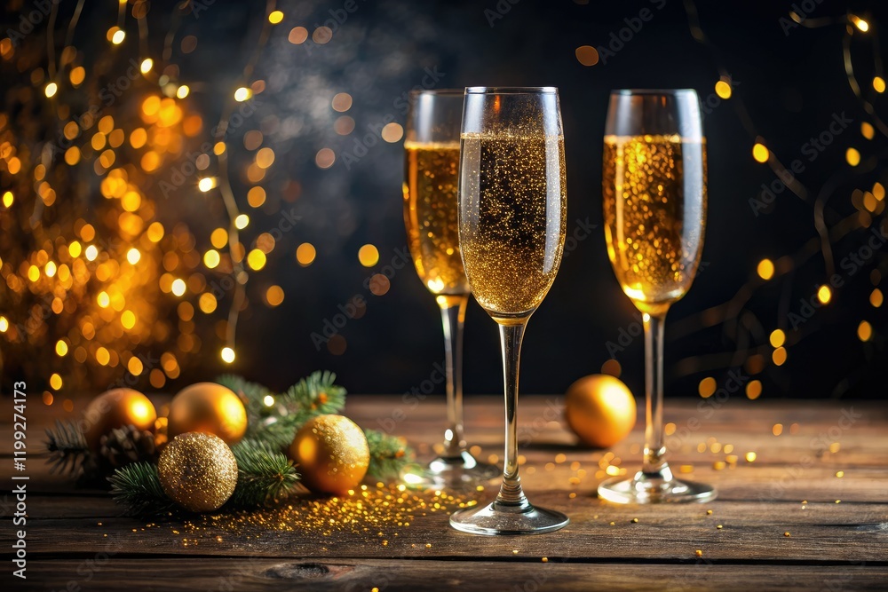 Elegant black wood, sparkling golden glitter, and champagne glasses define this minimalist holiday scene. Elegant black wood, sparkling golden glitter, and champagne glasses define this minimalist holiday scene.