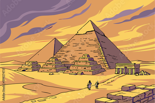 Pyramids in desert flat vector illustration.