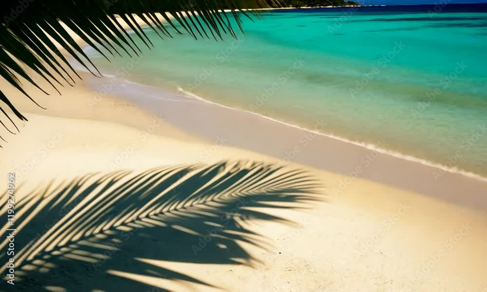 A serene beach scene featuring palm shadows on soft sand near tranquil waters. A serene beach scene featuring palm shadows on soft sand near tranquil waters.