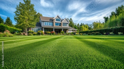 Wallpaper Mural A large house with manicured green lawn and surrounding trees and bushes under a blue sky Torontodigital.ca