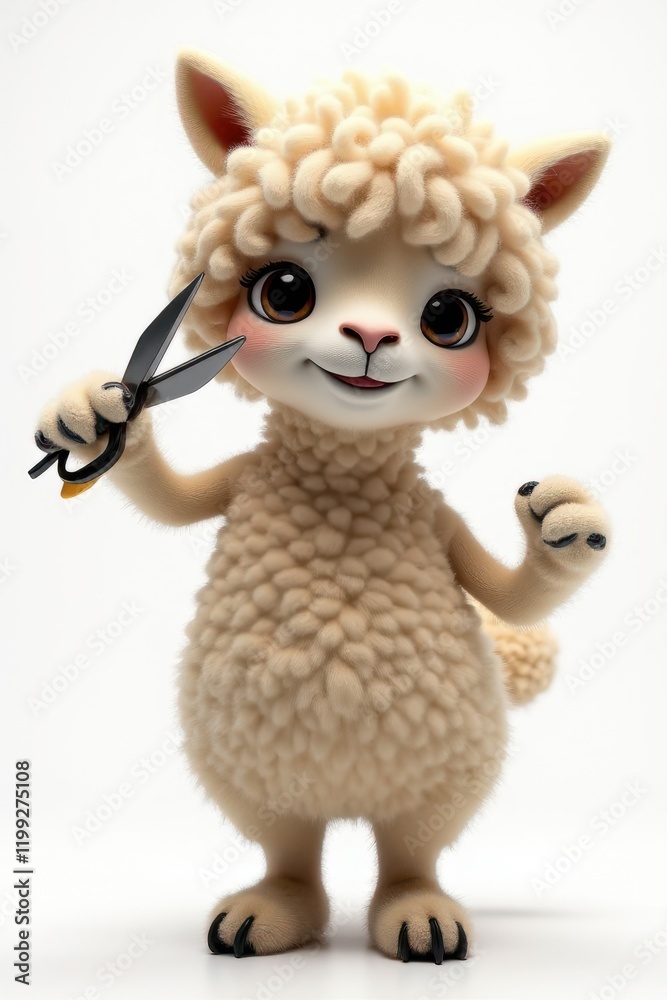 Fototapeta premium A cartoon sheep holding a pair of scissors in its hand