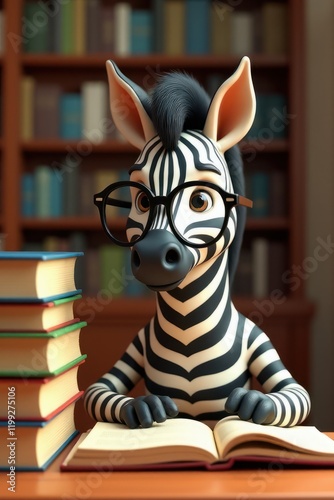 A zebra wearing glasses sitting at a table with a book