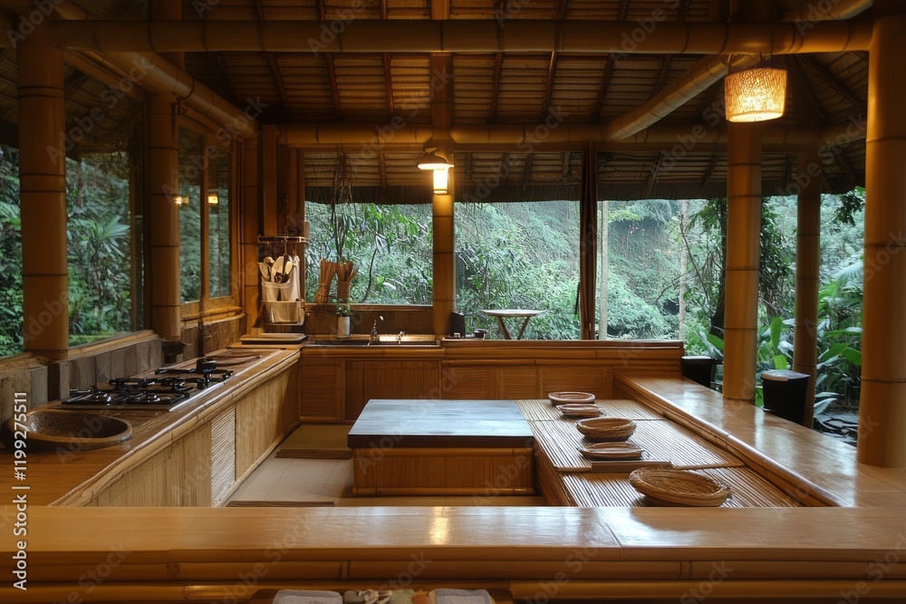 Fototapeta premium Bamboo Kitchen Interior Jungle View Natural Design