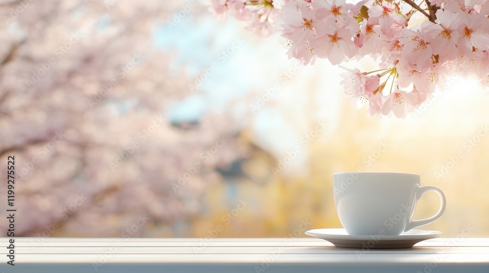 Serene Moment of White Cup and Cherry Blossom Branches Under Soft Morning Light in Blooming Spring Garden