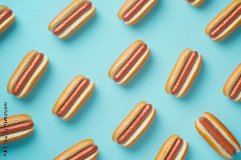 A collection of hotdogs arranged in a grid pattern, with a blue background that suggests an appetizing summer treat. A collection of hotdogs arranged in a grid pattern, with a blue background that suggests an appetizing summer treat.