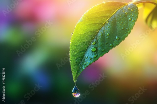 Close-up view of a leaf with dew drops shimmering in sunlight