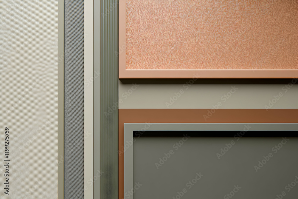 Fototapeta premium Abstract image featuring textured wall panels in muted earth tones; sage, terracotta, and beige hues. Ideal for interior design, architecture, and home decor projects.