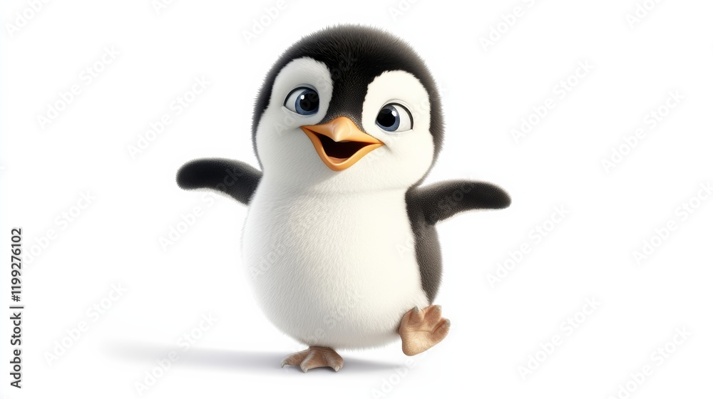 Fototapeta premium A charming penguin waddling with a bright belly, isolated on a pristine white background,