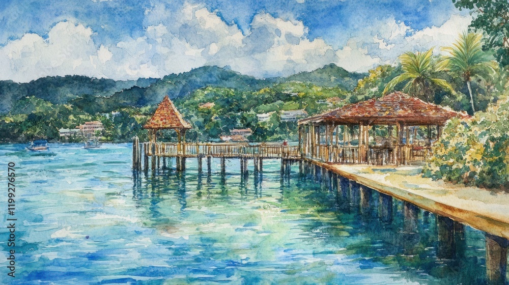 Naklejka premium Serene Watercolor of a Tropical Lakeside Gazebo