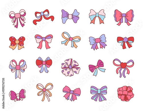 Set of bow decorative accessory illustrations featuring tied ribbons, festive embellishments, handmade designs, layered elements, for creative and versatile graphic outline clipart