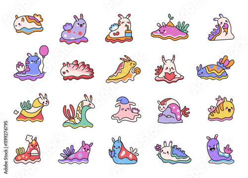 Felimare picta set with cute kawaii cartoon characters showing funny underwater creatures emotions and adorable elements for friendly ocean themes or creative design ideas