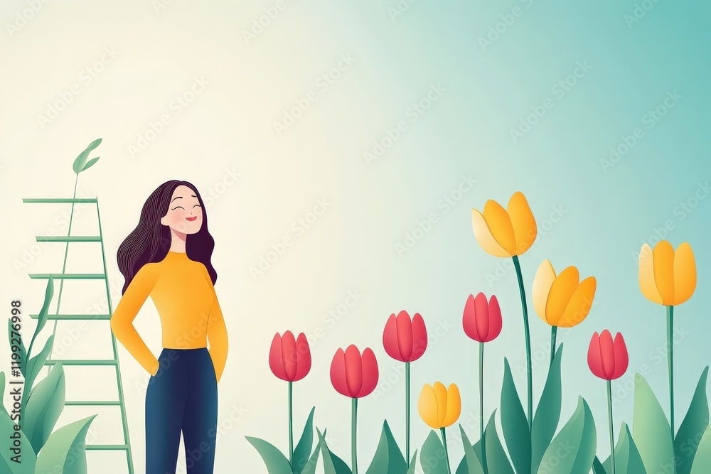 Young Woman Enjoying a Colorful Flower Garden While Standing Next to a Ladder Under Clear Blue Skies Young Woman Enjoying a Colorful Flower Garden While Standing Next to a Ladder Under Clear Blue Skies