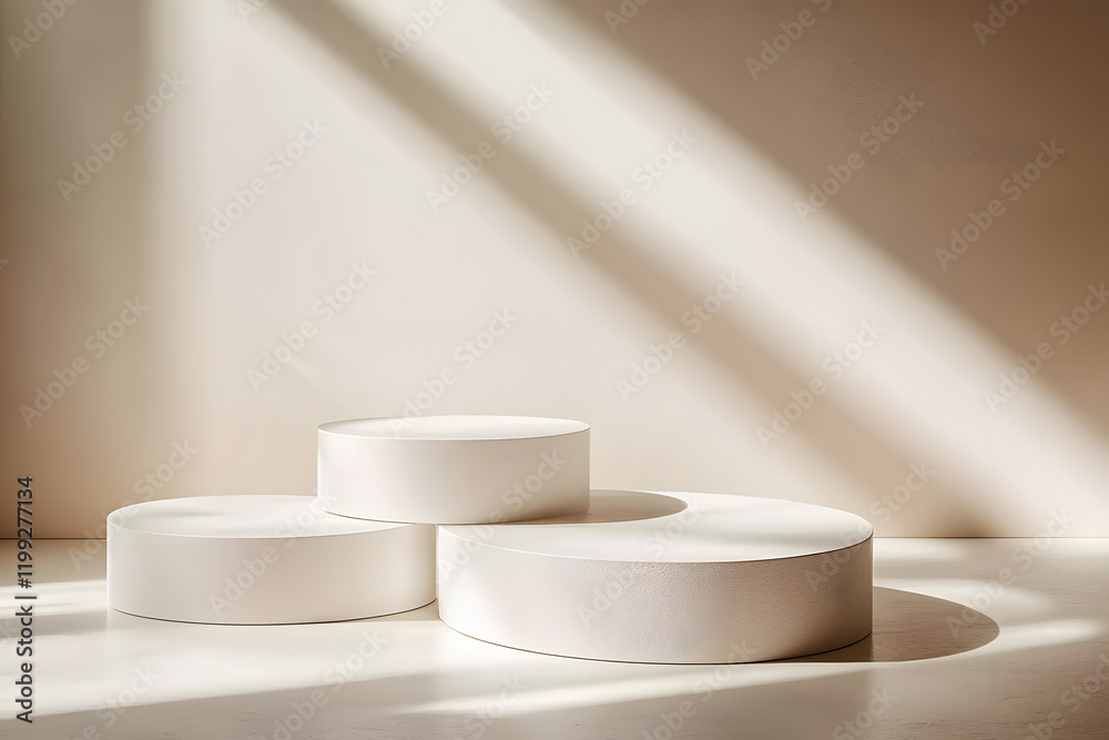 Minimalist product display with three white round podiums on beige background with sunlight. Minimalist product display with three white round podiums on beige background with sunlight.
