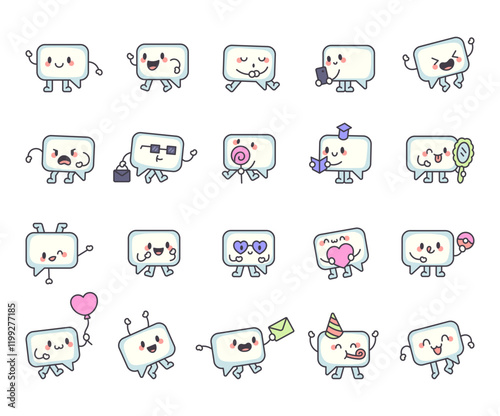 Speech cloud character set featuring cute kawaii cartoon emotions and elements with communication themes for creative dialogue and talking bubble illustrations in cheerful and positive designs
