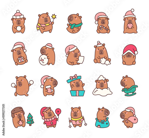 A cheerful set of capybara Christmas characters in kawaii cartoon style with santa hats, scarves, snowballs, gifts, festive accessories, playful animals, and joyful illustrations.