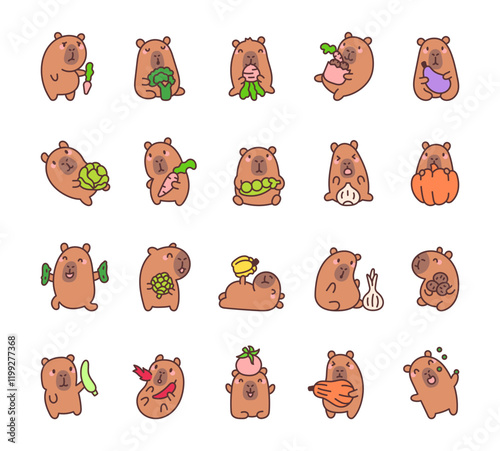 Capybara funny character set with cute kawaii cartoon emotions holding fresh vegetables for creative food illustrations and healthy snack designs for cooking and nutrition ideas photo